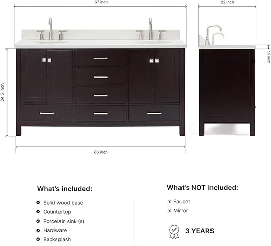 ARIEL Cambridge 66-inch Bathroom Vanity with Sink,Solid Wood, 1.5-inch Pure White Quartz Countertop & Backsplash, Double Oval Porcelain Sink, 4 Soft Closing Doors, 6 Dovetail Drawers, Espresso
