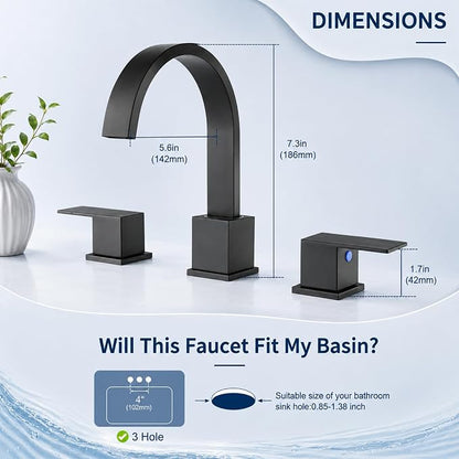 Widespread 8 Inch Matte Black Bathroom Sink Faucet, Waterfall Black Stainless Steel Bathroom Faucet for Sink 3 Hole, Vanity Lavatory Sink Faucets with Drain & Water Hoses
