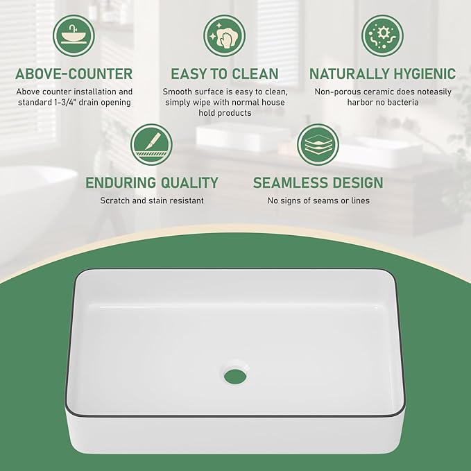 Bathroom Vessel Sink 24x14 inch Above Counter Rectangular White Ceramic Countertop Vessel Sink for Cabinet Lavatory Vanity 24" x 14"
