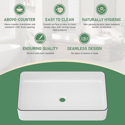 Bathroom Vessel Sink 24x14 inch Above Counter Rectangular White Ceramic Countertop Vessel Sink for Cabinet Lavatory Vanity 24" x 14"