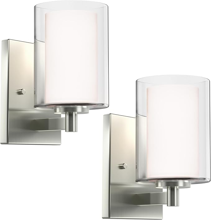 Wall Sconces Set of Two, Modern Brushed Nickel Vanity Wall Lights | Double Clear Glass Shades With E26 Base, Farmhouse Wall Lights For Bathroom, Bedroom, Living Room, Mirror And Hallway.