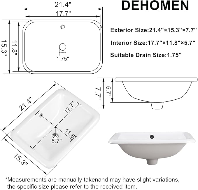 Bathroom Vessel Sink 21 Inch Drop In Bathroom Sink Rectangular Semi Recessed Sinks with Overflow White Ceramic Small Vanity Sinks for Bathrooms