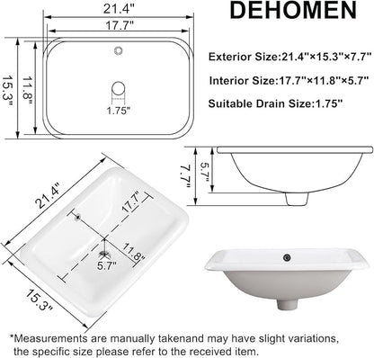 Bathroom Vessel Sink 21 Inch Drop In Bathroom Sink Rectangular Semi Recessed Sinks with Overflow White Ceramic Small Vanity Sinks for Bathrooms