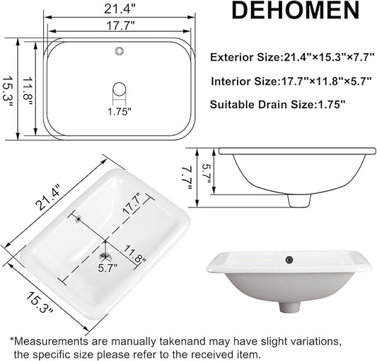 Bathroom Vessel Sink 21 Inch Drop In Bathroom Sink Rectangular Semi Recessed Sinks with Overflow White Ceramic Small Vanity Sinks for Bathrooms