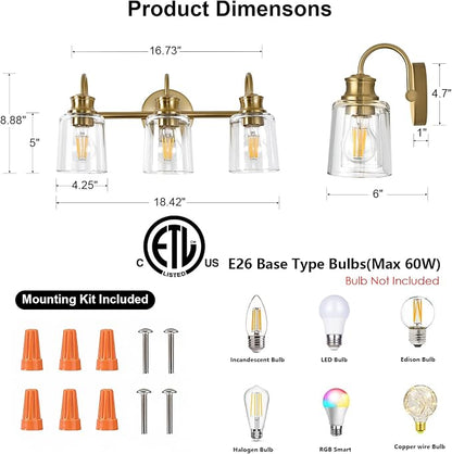 3 Lights Bathroom Light Fixtures Modern Gold Vanity Lights | ETL Certificate, Easy to Install,Wall Mount Up or Down,Thickened Glass Lampshade,E26 Socket,Hardwired