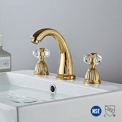Wovier Shiny Polished Gold Widespread Bathroom Sink Faucet,Two Handle Three Hole Brass Lavatory Vanity Faucet,8-16 Inch Basin Mixer Tap
