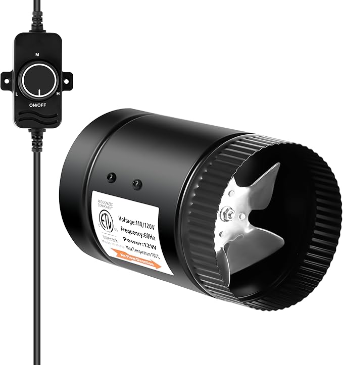 Simple Deluxe 4 Inch 106 CFM Inline Exhaust Fan, Equipped with Speed Controller, Suitable for Basements, Bathrooms, Kitchens, Attics and Grow Tents, Black