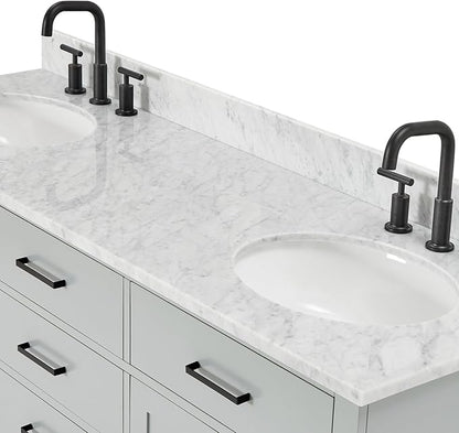 ARIEL Hepburn 66-inch Bathroom Vanity with Sink,Solid Wood, 0.75-inch Italian Carrara Marble Countertop & Backsplash, Double Oval Porcelain Sink, 4 Soft Closing Doors, 6 Dovetail Drawers, Grey