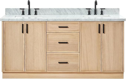 ARIEL Kelly 72-inch Bathroom Vanity with Sink,Solid Wood, 1.5-inch Italian Carrara Marble Countertop, Double Rectangular Porcelain Sink, 4 Soft Closing Doors, 5 Dovetail Drawers, White Oak