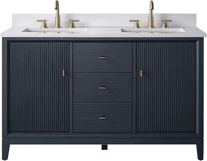 Vanity Art 54" Bathroom Vanity with Double Sink & Arabescato White Engineered Stone Top,Soft Closing Door, Solid Wood Frame, Golden Brushed Handles, Vintage Spruce Blue VA8154D-VSB-GB