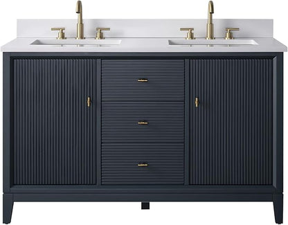 Vanity Art 54" Bathroom Vanity with Double Sink & Arabescato White Engineered Stone Top,Soft Closing Door, Solid Wood Frame, Golden Brushed Handles, Vintage Spruce Blue VA8154D-VSB-GB