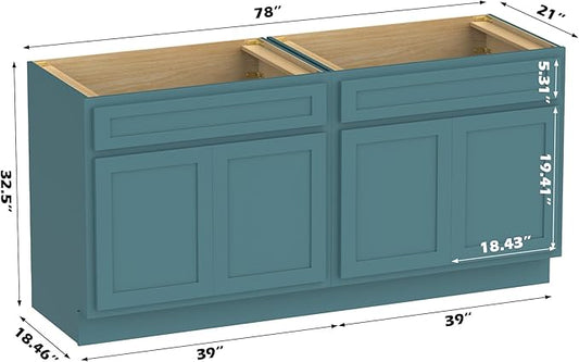 Vanity Art 78 Inch Bathroom Base Cabinet Only, Double Sink Top (Not Include Sink) with Door & Soft Close Hinge, Unassembled Floor Cabinet, Green, 2ea 39 Inch Combo