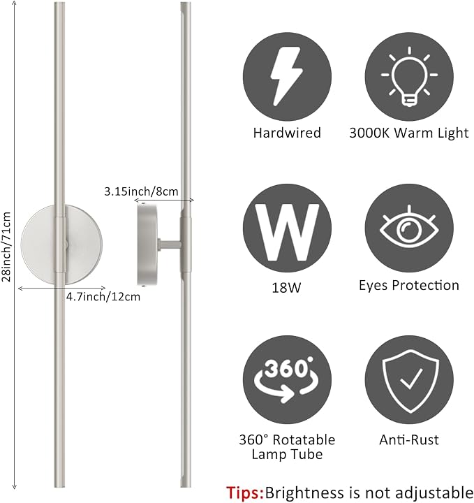 28In Sand Nickel Wall Sconces Set of Two Hardwired 3000K LED Modern Vanity Light 360° Rotatable for Living Room Bedroom Bathroom(2 Pack)