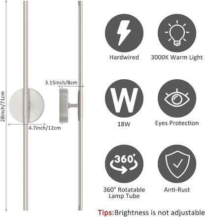 28In Sand Nickel Wall Sconces Set of Two Hardwired 3000K LED Modern Vanity Light 360° Rotatable for Living Room Bedroom Bathroom(2 Pack)
