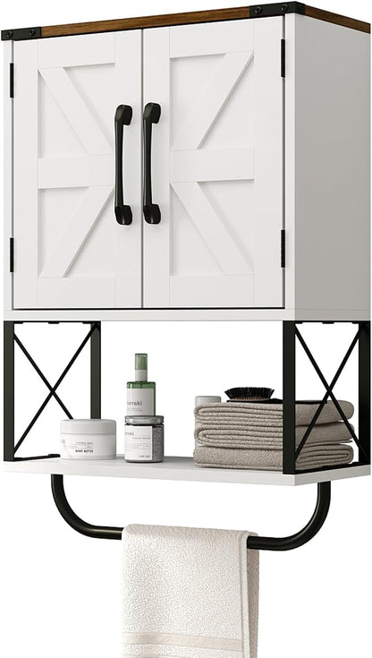 RUSTOWN Farmhouse Medicine Cabinet with 2 Barn Door, Bathroom Wall Cabinet | Dark Brown Top, Adjustable Shelf, Towel Bar, 3-Tier Rustic Wood Wall Mounted Cabinet for Bathroom, Living Room, Kitchen