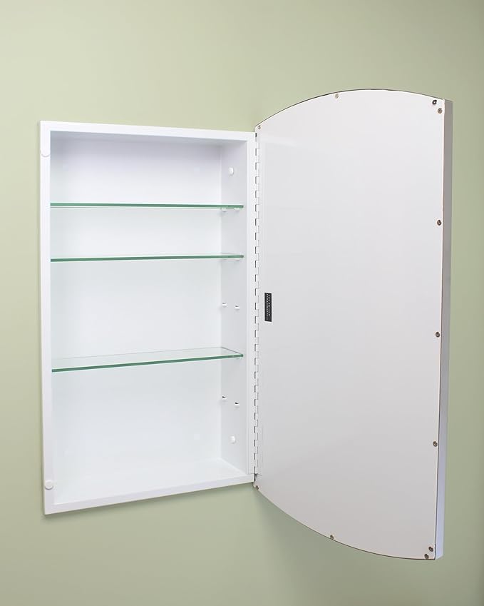 Fox Hollow Furnishings 16x26 Harper Crescent Metal Framed Rectangle Recessed Bathroom Medicine Cabinet, Arced Mirror, 14x24 in-Wall Opening, Adjustable Glass Shelves, Magnet Close, Brushed Nickel