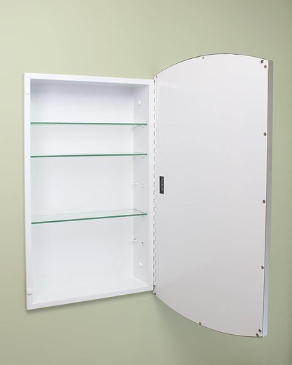 Fox Hollow Furnishings 16x26 Harper Crescent Metal Framed Rectangle Recessed Bathroom Medicine Cabinet, Arced Mirror, 14x24 in-Wall Opening, Adjustable Glass Shelves, Magnet Close, Brushed Nickel