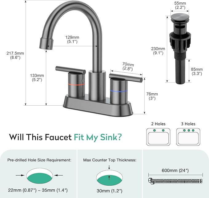 Faustina Gery Bathroom Faucet, 4 Inch Centerset Faucet for Sink 2 Holes 3 Holes，Two Handles 304 Stainless Steel with Pup up Drain Assembly and 2 Water Supply Lines for RV Vanity