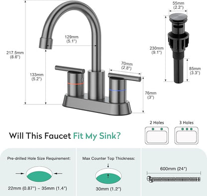 Faustina Gery Bathroom Faucet, 4 Inch Centerset Faucet for Sink 2 Holes 3 Holes，Two Handles 304 Stainless Steel with Pup up Drain Assembly and 2 Water Supply Lines for RV Vanity