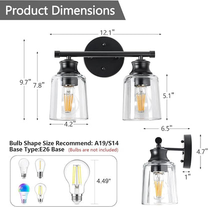 Bathroom Light Fixtures Over Mirror, 2 Lights Vanity Lights with Clear Glass Shade, 12.1" Matte Black Farmhouse Bathroom Wall Light Fixtures for Bedroom, Porch, Hotel, Mirror Cabinet