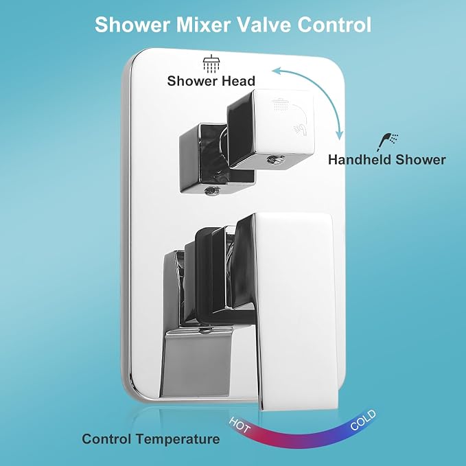 10 Inch Shower Faucet Set, Wall-Mounted Rainfall Shower System with High Pressure Handheld Shower Head, Bathroom Mixer Shower Set Wall Mounted Rough-in Valve and Trim Kit, Polished Chrome