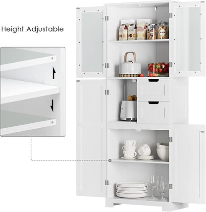 67'' Tall Bathroom Storage Cabinet, Linen Cabinet with Glass Doors and Adjustable Shelves, Kitchen Pantry with 2 Drawers for Bathroom, Living Room, Dining Room, White