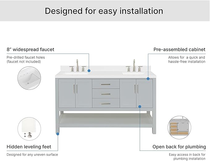 ARIEL Magnolia 60-inch Bathroom Vanity with Sink,Solid Wood, 1.5-inch Carrara White Quartz Countertop & Backsplash, Double Rectangular Porcelain Sink, 4 Soft Closing Doors, 3 Dovetail Drawers, Grey