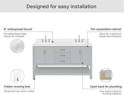 ARIEL Magnolia 60-inch Bathroom Vanity with Sink,Solid Wood, 1.5-inch Carrara White Quartz Countertop & Backsplash, Double Rectangular Porcelain Sink, 4 Soft Closing Doors, 3 Dovetail Drawers, Grey
