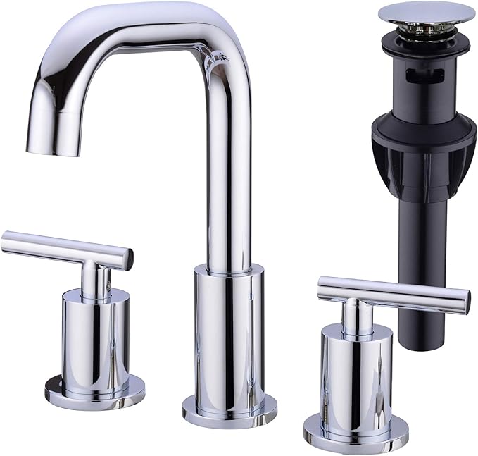 TRUSTMI 2-Handle 8 Inch Widespread Bathroom Sink Faucet High Arc Brass 3 Holes Vanity Faucet with cUPC Water Supply Hoses, Overflow Pop Up Drain Included, Chrome
