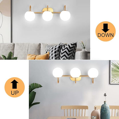 Modern Bathroom Vanity Light Fixtures 3 Lights Brushed Brass Frame and Milk White Glass Globe Shade Modern Wall Sconce Lighting Bath Vanity Lights Bar Over Mirror (Exclude G9 Bulb)