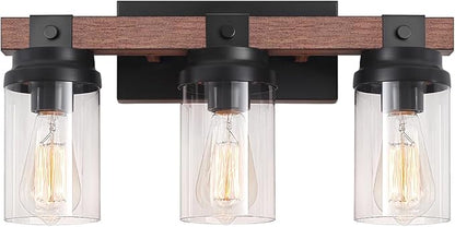 3 Light Farmhouse Vanity Light, Rustic Black Bathroom Light Over Mirror with Clear Glass Shade, Wood Grain Vintage Farmhouse Wall Sconces for Bathroom, Living Room, Hallway