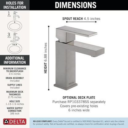 Delta Ara Brushed Nickel Bathroom Faucet 1 Hole, Single Hole Bathroom Sink Faucet for Vanity, Metal Push-Pop Drain Assembly, Stainless 567LF-SSPP