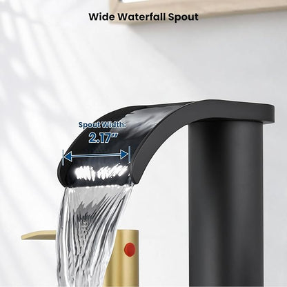 gotonovo Waterfall 8 inch Widespread Bathroom Faucet Set Bathroom Sink Faucet 3 Hole 2 Handle Vanity Lavatory Deck Mount with Pop Up Drain and Water Supply Lines Round Body Brushed Gold and Black