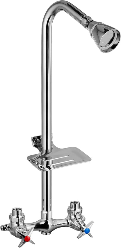 Aolemi Outdoor Shower Kit,2-Handle with Soap Dish,Polish Chrome | Solid Brass Showerhead and Valve,SUS304 Riser,6-Inch Centers,Soap Dish,Reversible Upward/Downward Exposed Shower Install