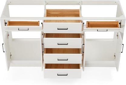 ARIEL Hepburn 66-inch Bathroom Vanity Base Cabinet,Solid Wood, 4 Soft Closing Doors, 6 Dovetail Drawers, White