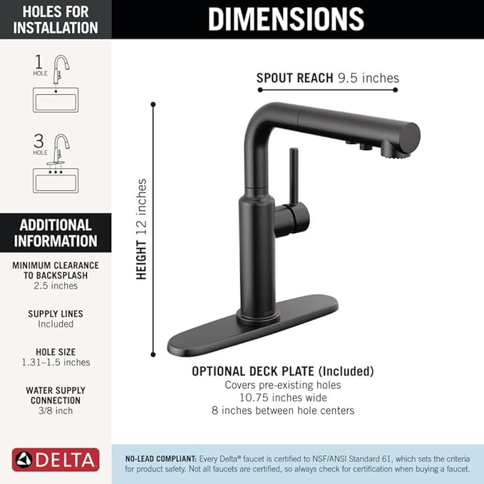 Delta Daneri Matte Black Kitchen Faucet with Pull-Out Sprayer, Modern Single Hole Kitchen Sink, Single Handle, Matte Black 16879-BL-DST