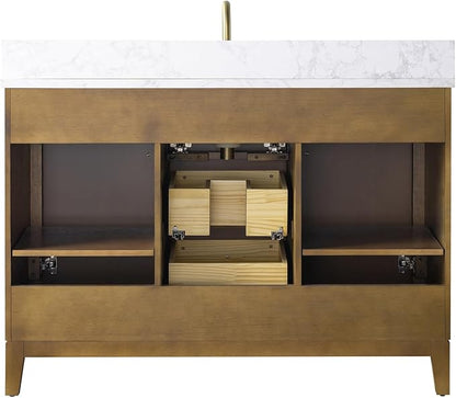 Vanity Art 48" Bathroom Vanity with Single Sink & Arabescato White Engineered Stone Top, Vanity Cabinet with Soft Closing Door, Solid Wood Frame, Golden Brushed Handles, Walnut VA8148-Walnut-GB