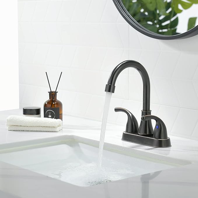 Bathroom Sink Faucet FRANSITON 4 Inch Faucet 2 Handle Bathroom Sinks Faucets Lead-Free Oil Rubbed Bronze Bath Sinks Faucets with Pop-up Drain Stopper and Supply Hoses
