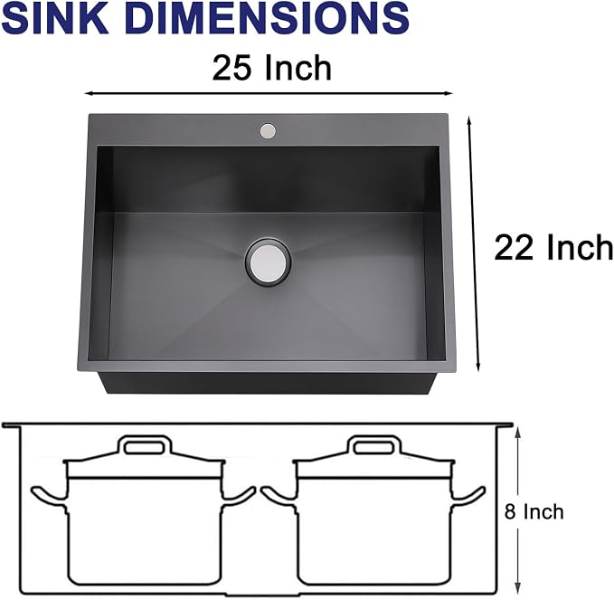 VAPSINT 25 x 22 Inch Black Drop In Kitchen Sink, 25 Inch Top Mount 16 Gauge Extra-Thick Stainless Steel Single Bowl Deep Small Kitchen Sink, RV Laundry Utility Sinks with Basket Strainer