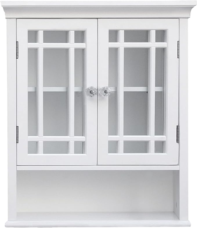 Teamson Home Neal Wooden Over The Toilet Bathroom Removable Wall Medicine Cabinet with 1 Fixed and 1 Adjustable Shelf 3 Storage Spaces 2 Glass Mosaic Doors and Crystal-Cut Acrylic Knobs, White | Detachable Over the Toilet Storage, Two Doors, Adjustable...