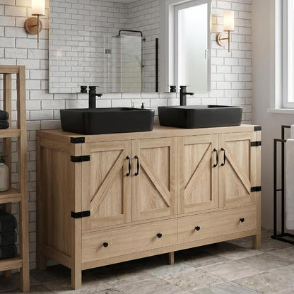 48 inch Natural Color Bathroom Vanity, Rustic Fixture Standing Pedestal Cabinet with Two Black Ceramic Vessel Sinks