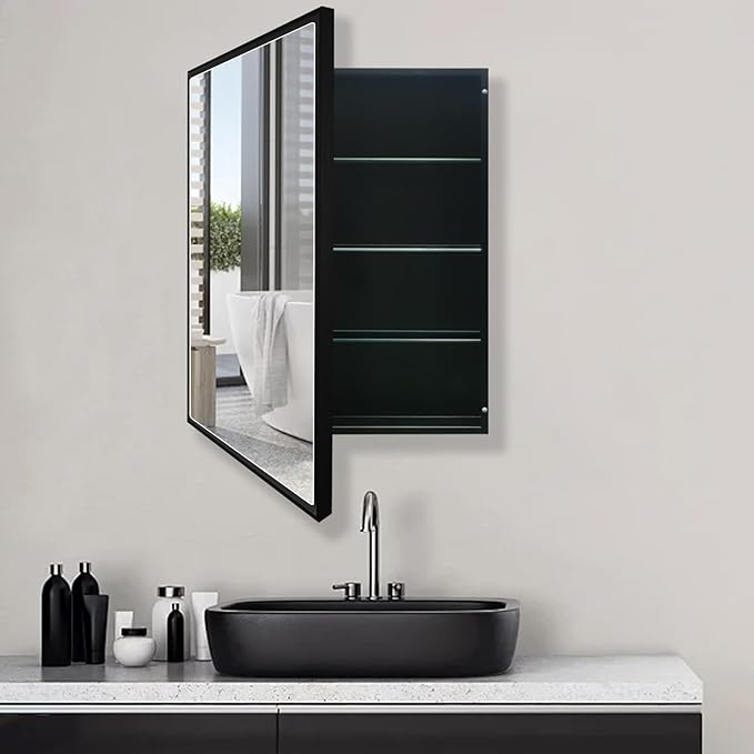24”x30” Medicine Cabinet with Aluminum Frame,Surface or Recessed Medicine Cabinet Mirror for Bathroom,Bathroom Mirror with Storage,Black