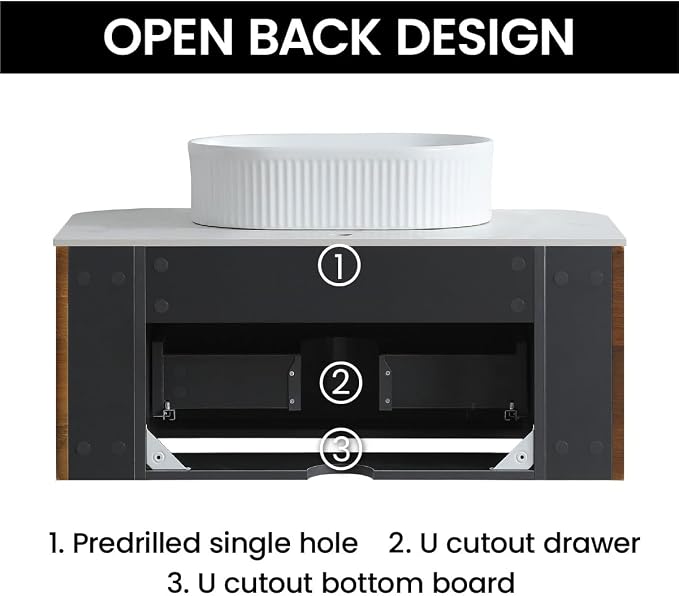 36" Preassembled Floating Bathroom Vanity with White Sink, Walnut | Mid-Century Modern Style, Fluted & Soft-Close Drawer with U-shaped Wall, Sinterted Stone Countertop, Towel Rack Included
