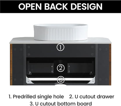 36" Preassembled Floating Bathroom Vanity with White Sink, Walnut | Mid-Century Modern Style, Fluted & Soft-Close Drawer with U-shaped Wall, Sinterted Stone Countertop, Towel Rack Included