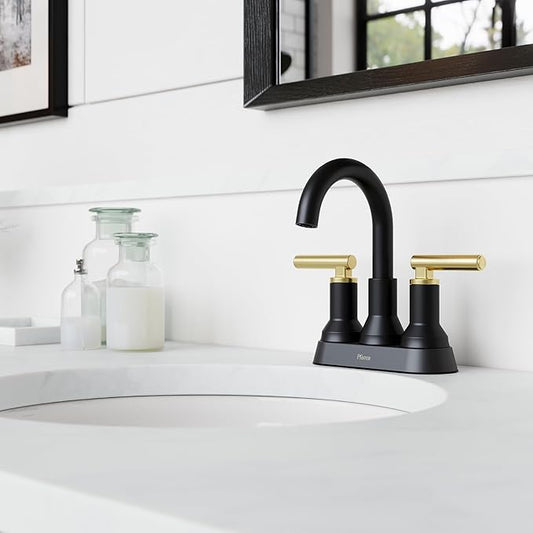 Pfister Capistrano Bathroom Sink Faucet, 4-Inch Centerset, 2-Handle, 3-Hole, NSF Certified, Matte Black and Brushed Gold Finish, LF048CSOBBG