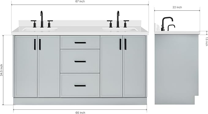 ARIEL Kelly 66-inch Bathroom Vanity with Sink,Solid Wood, 1.5-inch Pure White Quartz Countertop & Backsplash, Double Rectangular Porcelain Sink, 4 Soft Closing Doors, 5 Dovetail Drawers, Grey