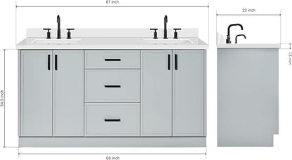 ARIEL Kelly 66-inch Bathroom Vanity with Sink,Solid Wood, 1.5-inch Pure White Quartz Countertop & Backsplash, Double Rectangular Porcelain Sink, 4 Soft Closing Doors, 5 Dovetail Drawers, Grey