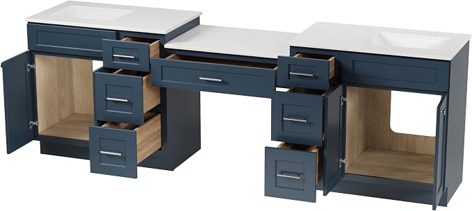 102" Bathroom Vanity with 6 Drawers, Carrara Quartz Top and Ceramic Sink, Shaker Style, Solid Wood Frame, 5 Piece Vanity with 3 Piece Countertop, 103" x 22"x35.25 (Navy Blue)