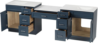 102" Bathroom Vanity with 6 Drawers, Carrara Quartz Top and Ceramic Sink, Shaker Style, Solid Wood Frame, 5 Piece Vanity with 3 Piece Countertop, 103" x 22"x35.25 (Navy Blue)