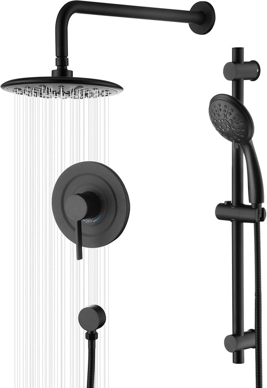 sumerain Matte Black Rain Shower System with Adjustable Slide Bar, Rainfall Shower Faucet Fixture with Handheld, Included Valve and Trim Kit